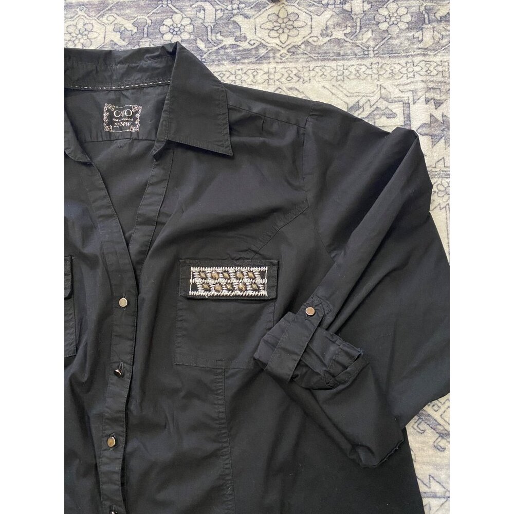 Cato Womens‎ Black Button-Up Shirt With Embellished Pockets 22/24W Roll Tab